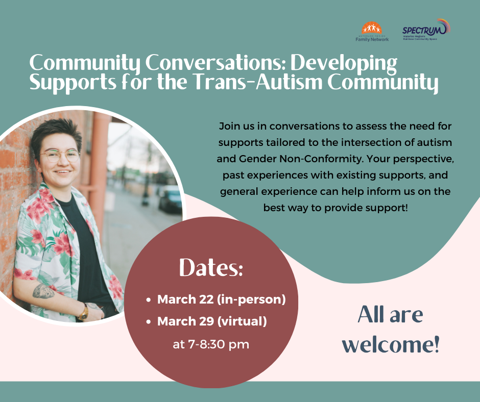 Flyer for community conversations: developing supports for the Trans-Autistic community.